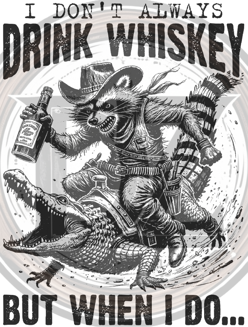 Illustration of a raccoon in a cowboy hat riding an alligator with text about whiskey.