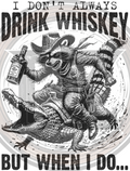 Illustration of a raccoon in a cowboy hat riding an alligator with text about whiskey.