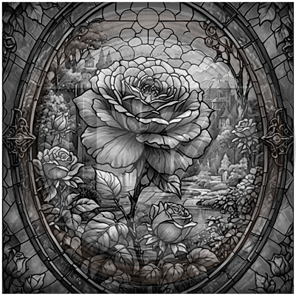 Stylized rose with a garden scene in the background, resembling stained glass art.