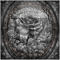 Stylized rose with a garden scene in the background, resembling stained glass art.