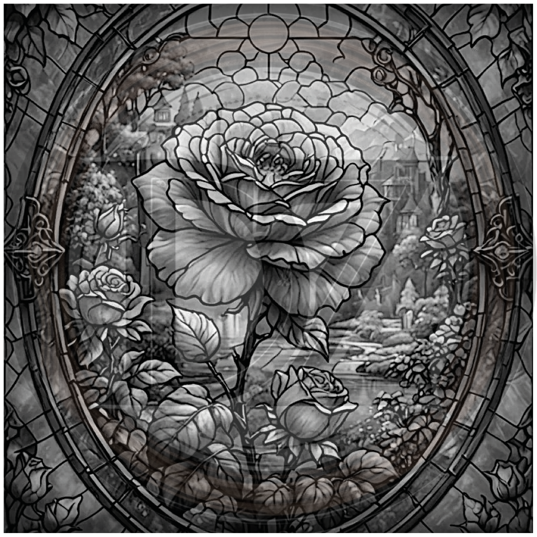 Stylized rose with a garden scene in the background, resembling stained glass art.