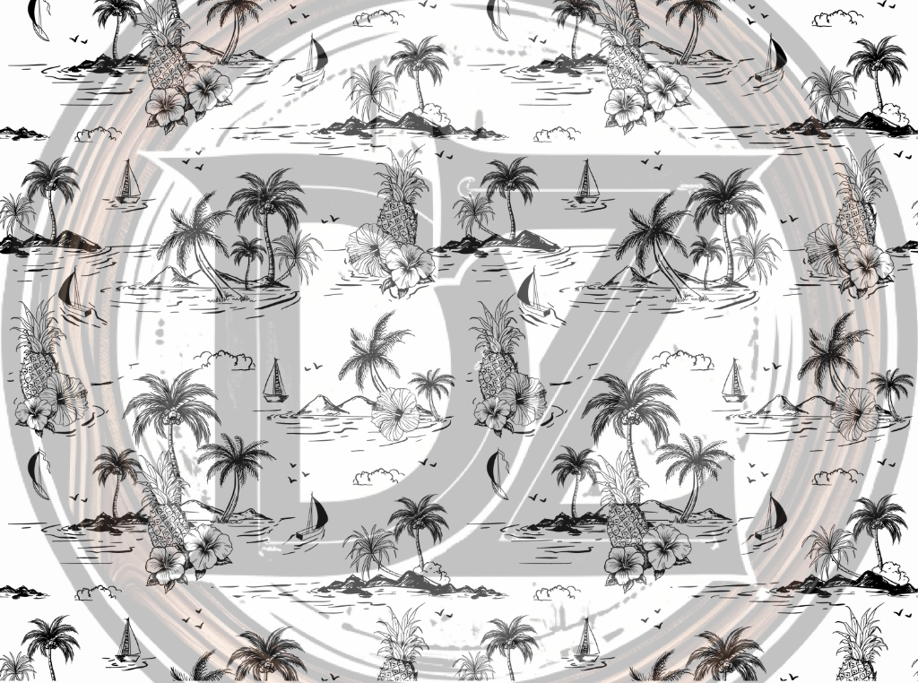 Design with tropical elements including palm trees, boats, and mountains.