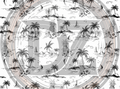 Design with tropical elements including palm trees, boats, and mountains.