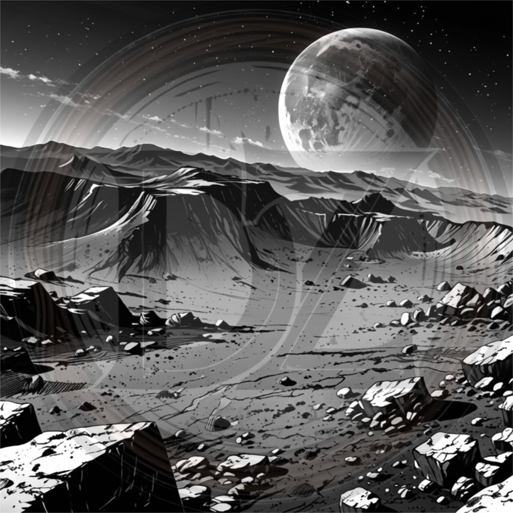 Desolate lunar landscape with mountains and a large moon in the sky.