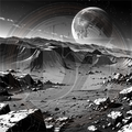 Desolate lunar landscape with mountains and a large moon in the sky.