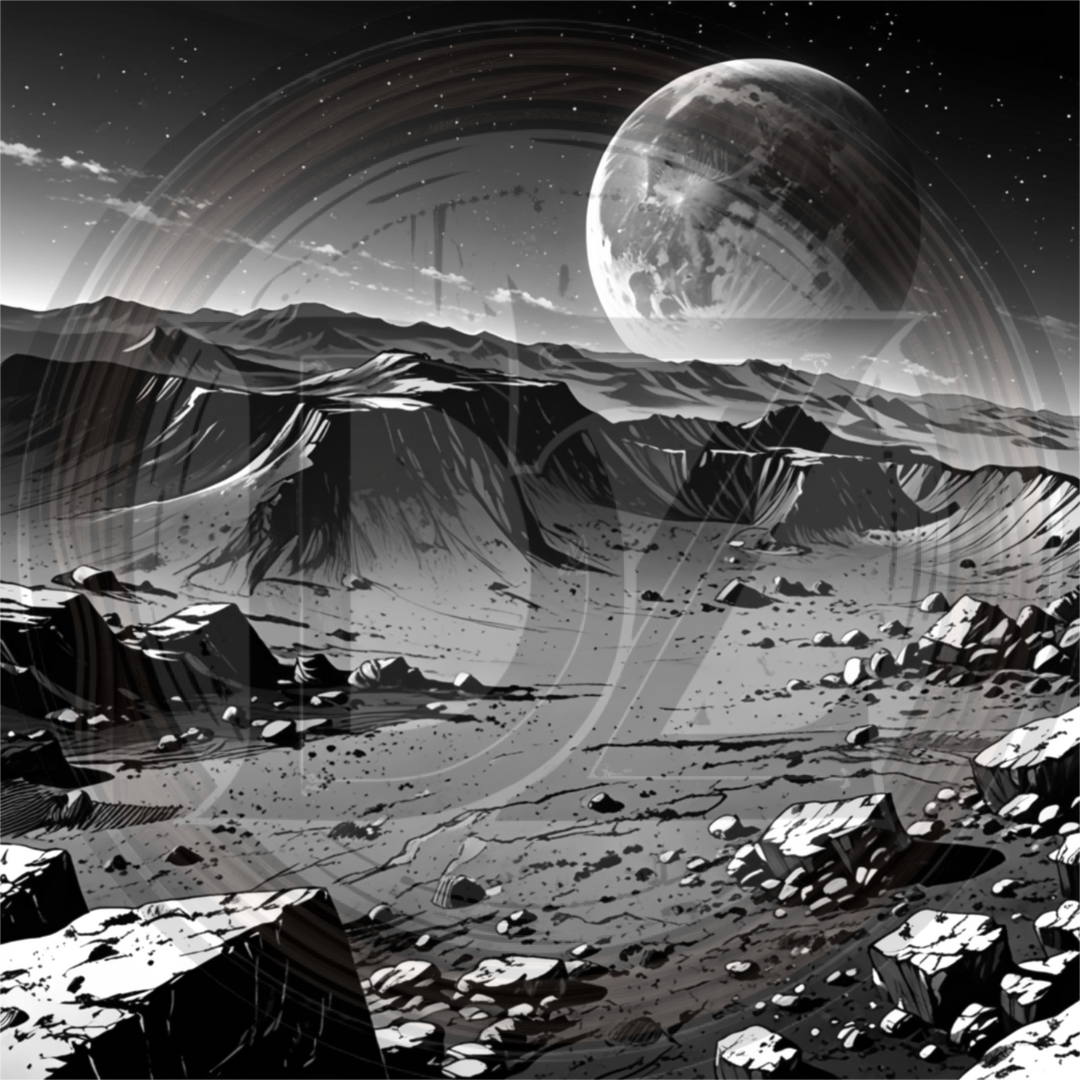 Desolate lunar landscape with mountains and a large moon in the sky.
