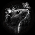 Black and white illustration of a rat with a butterfly on its head