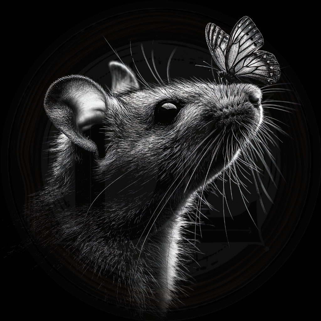 Black and white illustration of a rat with a butterfly on its head