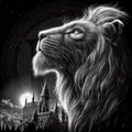 Black and white illustration of a lion with a castle in the background