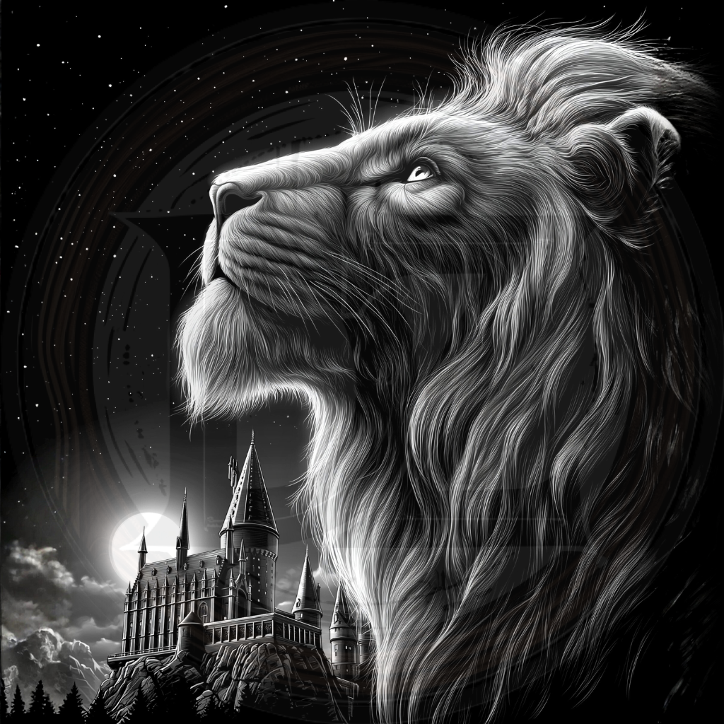Black and white illustration of a lion with a castle in the background