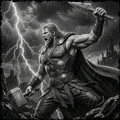 Illustration of a warrior holding two axes against a stormy sky with lightning.
