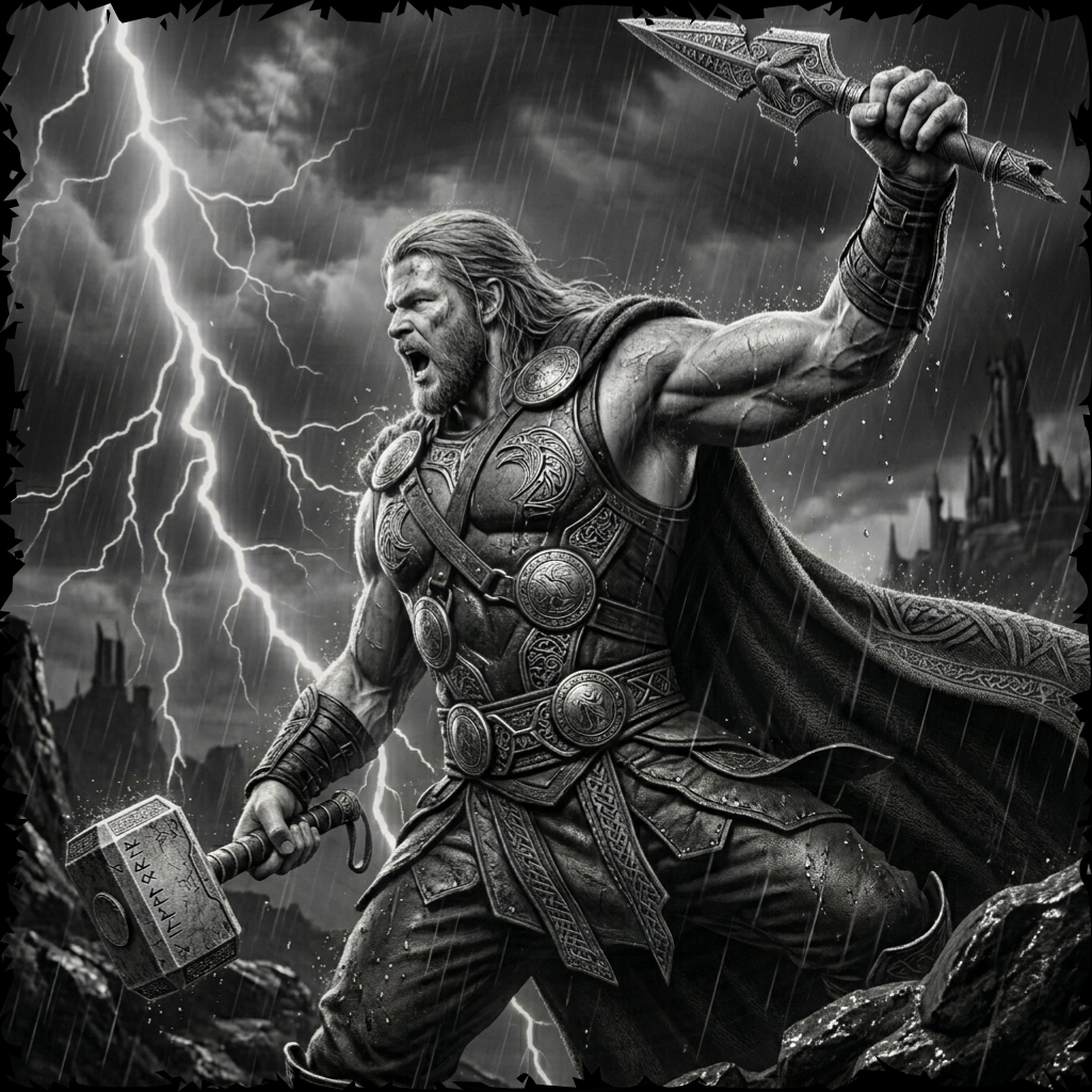 Illustration of a warrior holding two axes against a stormy sky with lightning.