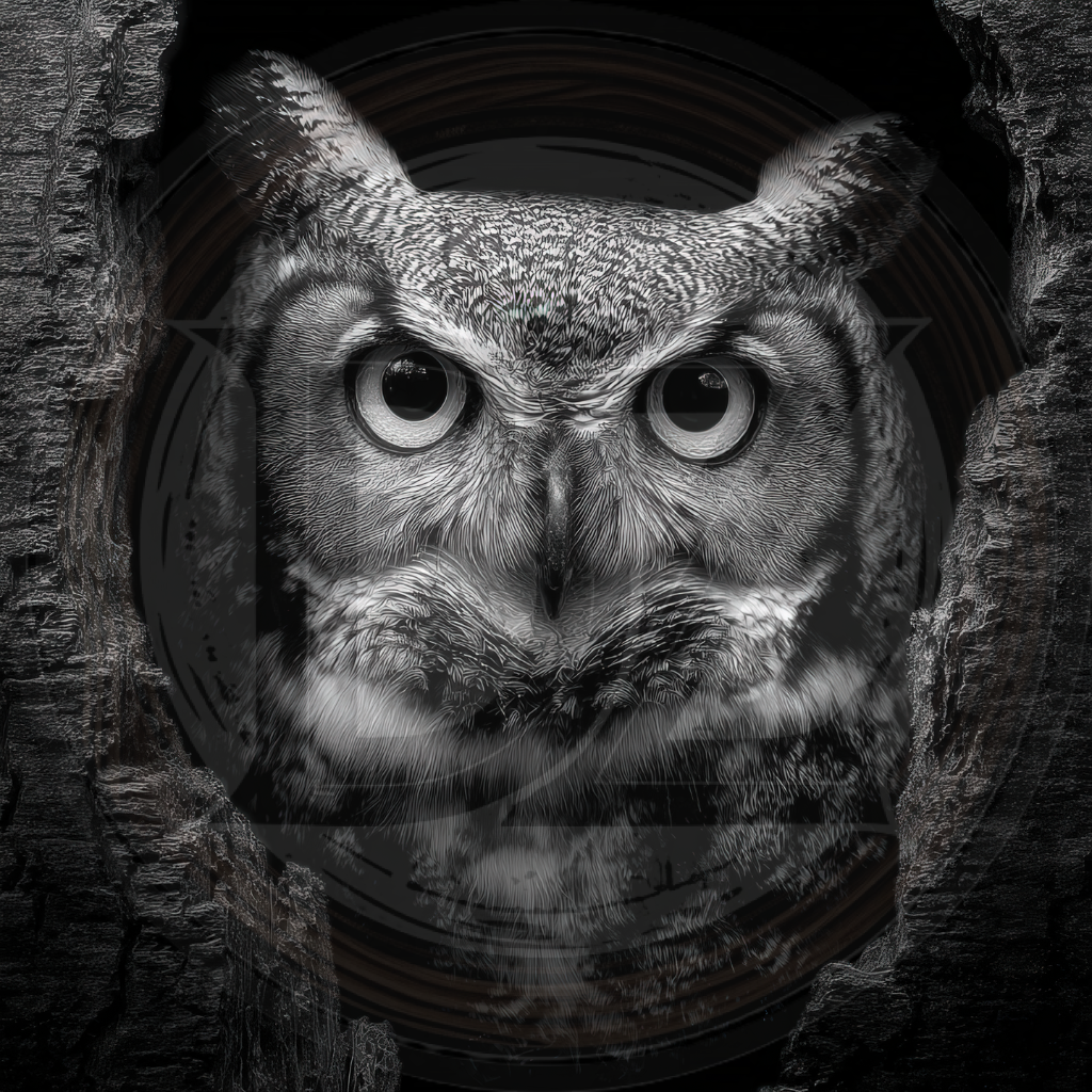 Black and white owl peeking out from a tree hole
