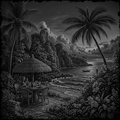 Black and white tropical scene with a table by the ocean