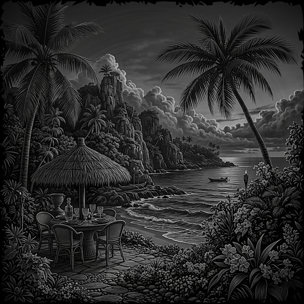 Black and white tropical scene with a table by the ocean