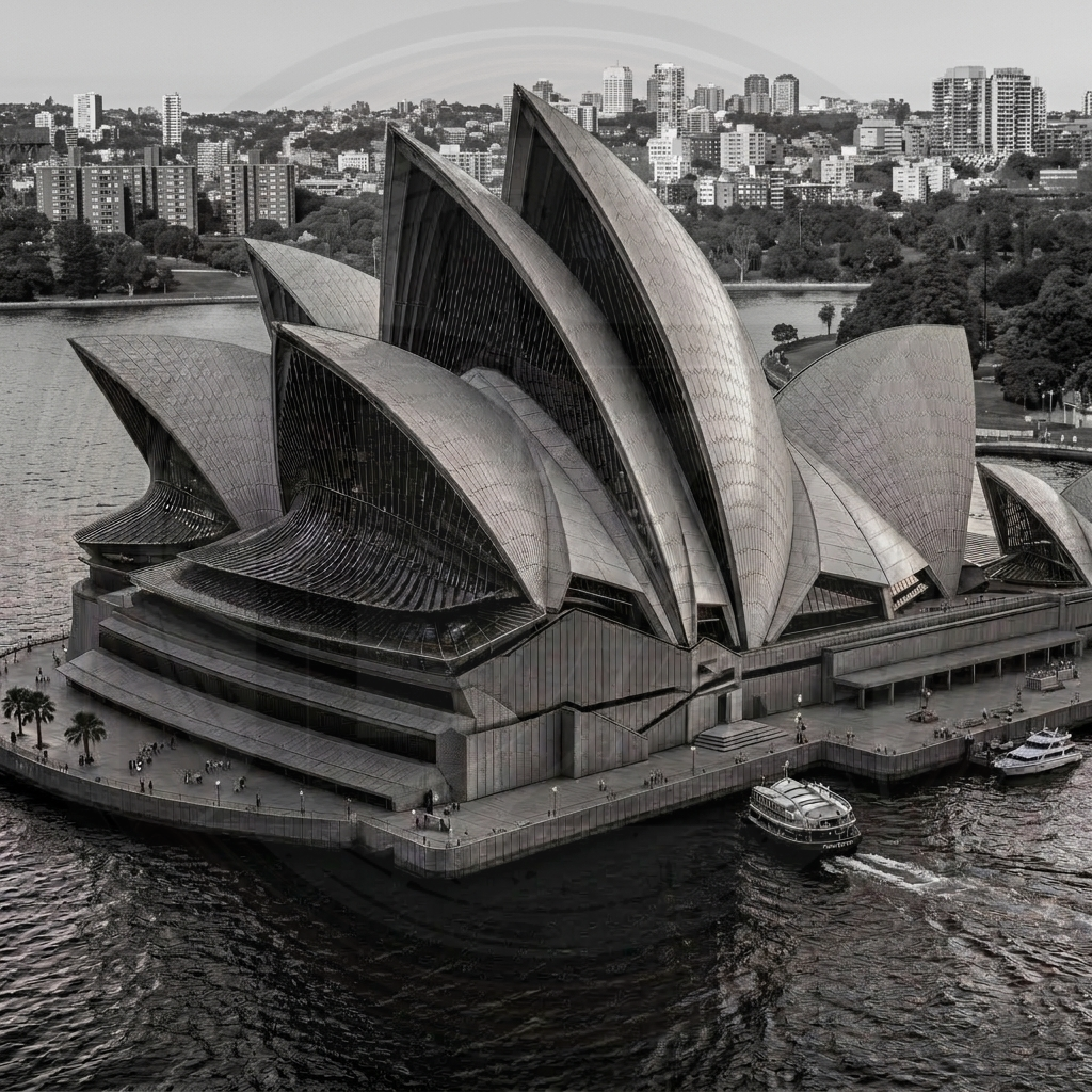 Black and white image of the Sydney Opera House with boats in the foreground.