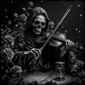Grim Reaper playing violin with roses and hourglass in dark setting