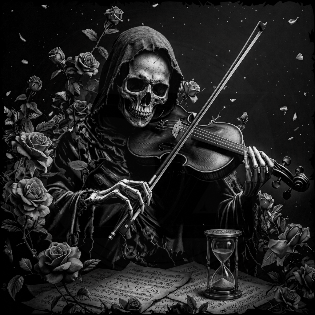 Grim Reaper playing violin with roses and hourglass in dark setting
