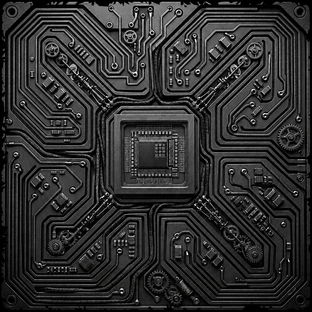 Close-up of a black circuit board with intricate patterns