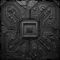 Close-up of a black circuit board with intricate patterns