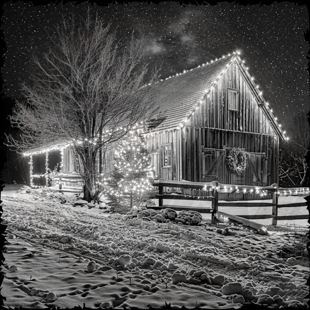 Wooden cabin decorated with string lights at night in a snowy landscape