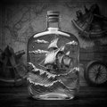 Glass bottle with a ship inside, set against a nautical-themed background.