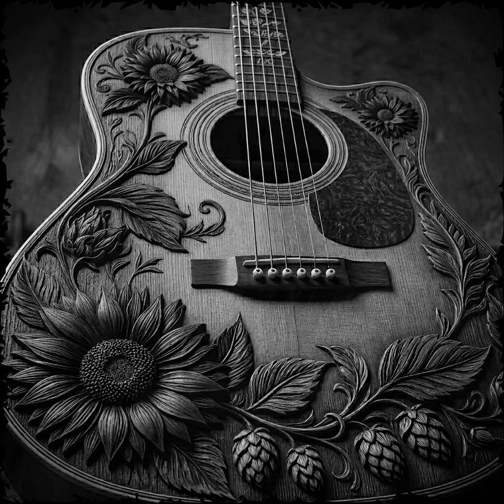 Wooden acoustic guitar with floral and leaf designs on a dark background