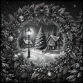 Decorative winter scene with houses, trees, and festive elements framed by a wreath.