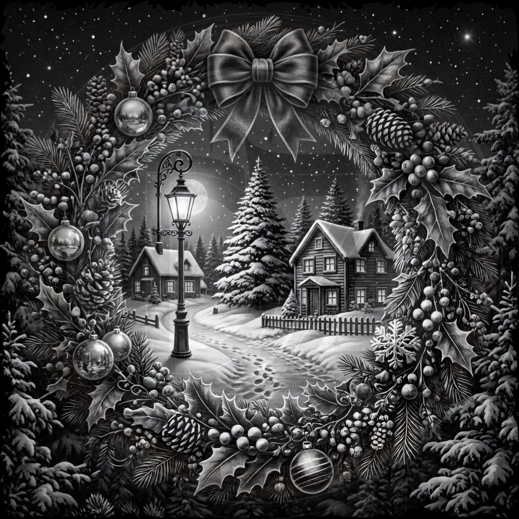 Decorative winter scene with houses, trees, and festive elements framed by a wreath.