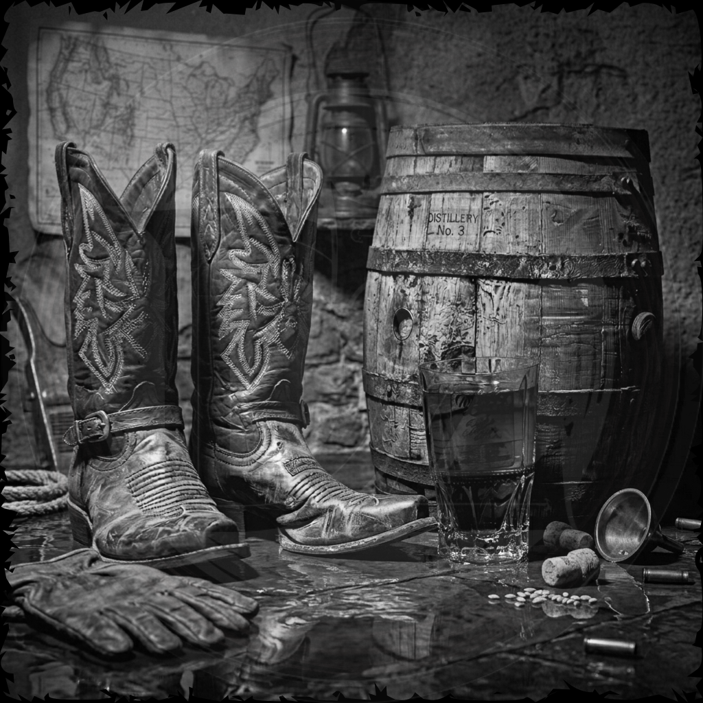 Pair of cowboy boots next to a barrel and glass in a rustic setting
