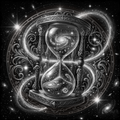 Decorative hourglass with cosmic design against a starry background