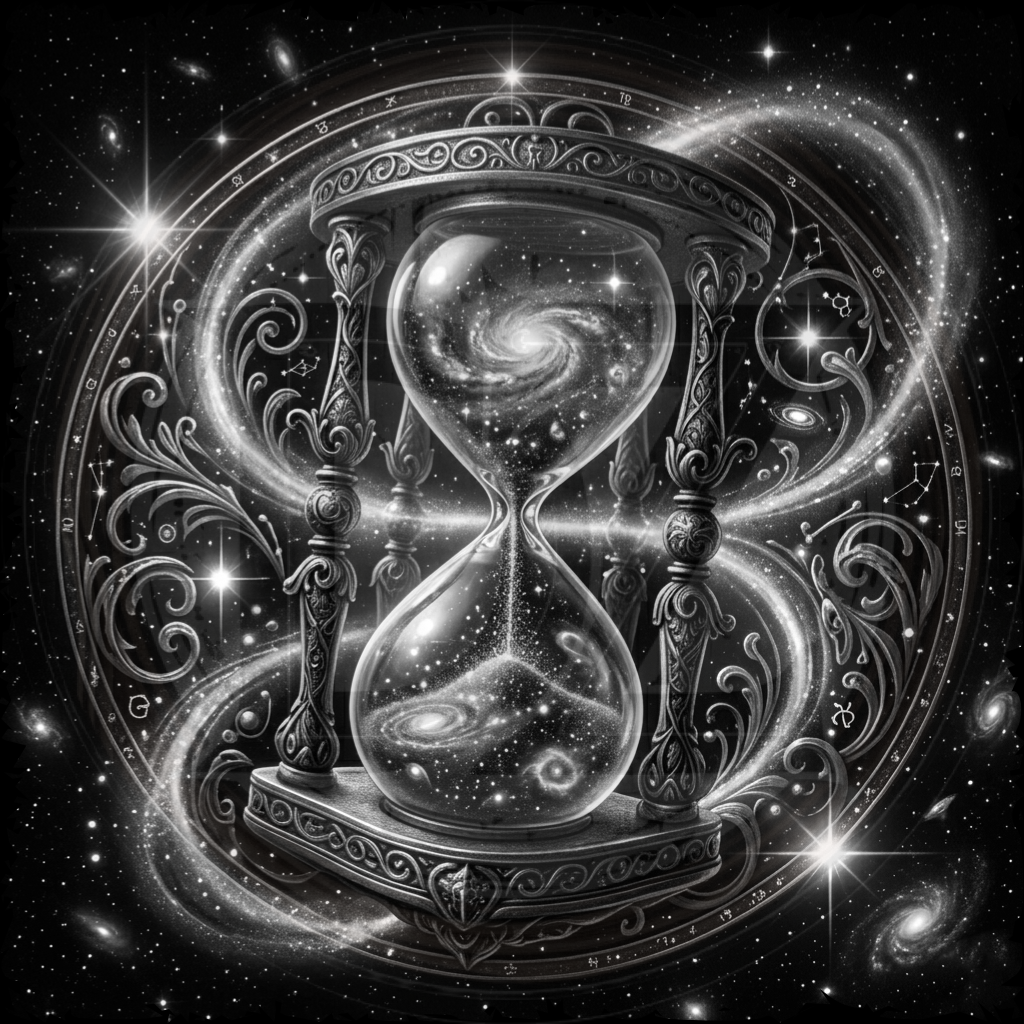 Decorative hourglass with cosmic design against a starry background