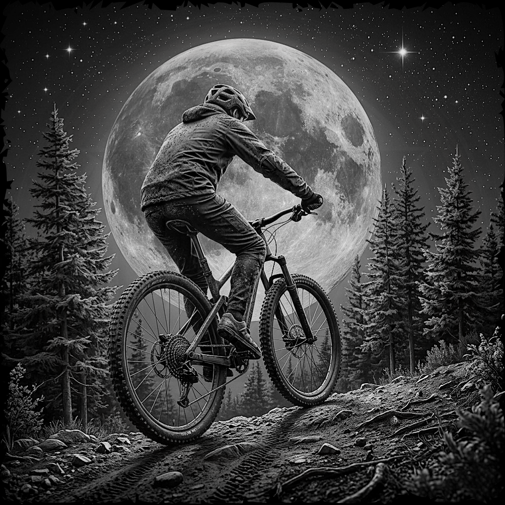 Person riding a bicycle in a forest with a large moon in the sky