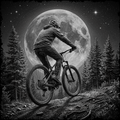Person riding a bicycle in a forest with a large moon in the sky