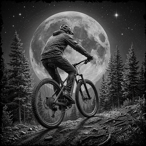 Person riding a bicycle in a forest with a large moon in the sky