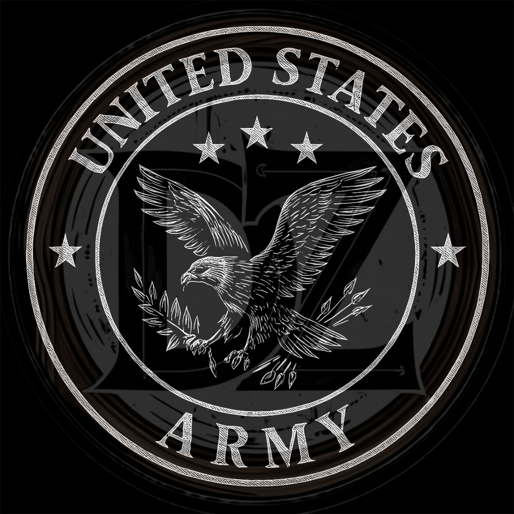 United States Army emblem with an eagle and stars on a black background