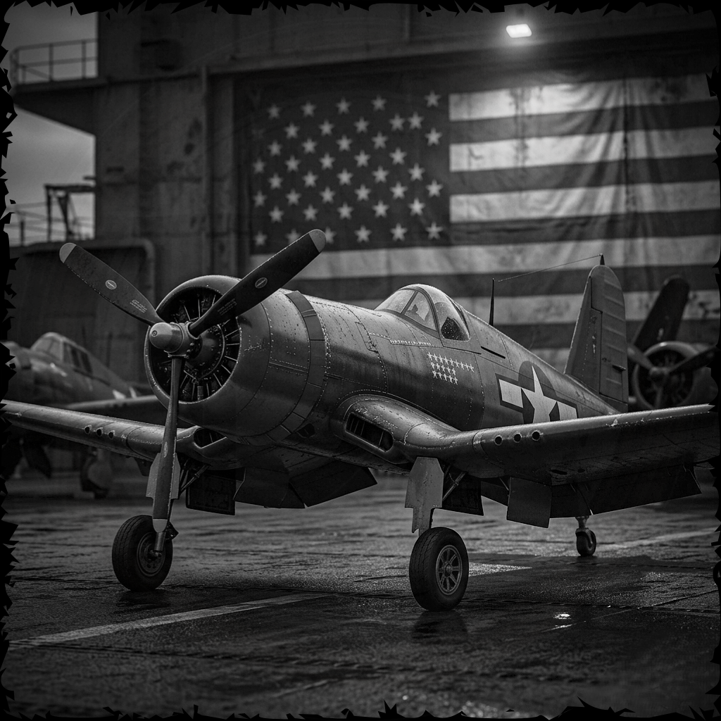 Vintage airplane in front of a large American flag inside a hangar.