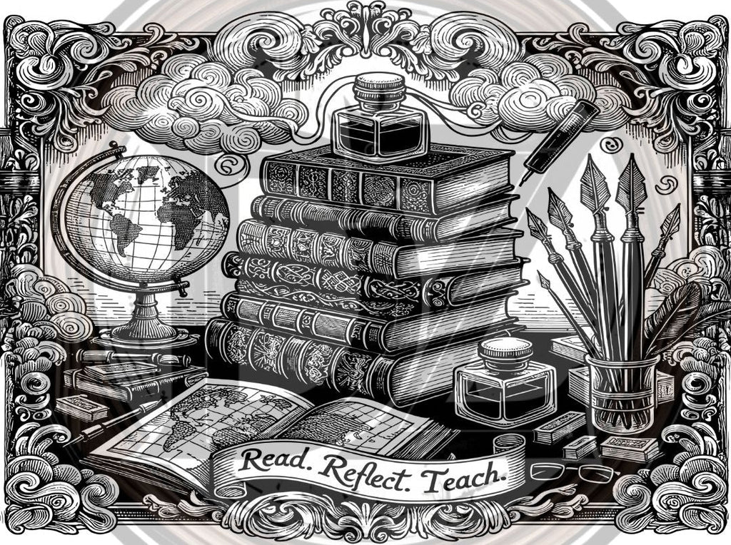 Illustration of books, globe, inkwell, and brushes with 'Read. Reflect. Teach' text.