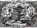 Illustration of books, globe, inkwell, and brushes with 'Read. Reflect. Teach' text.