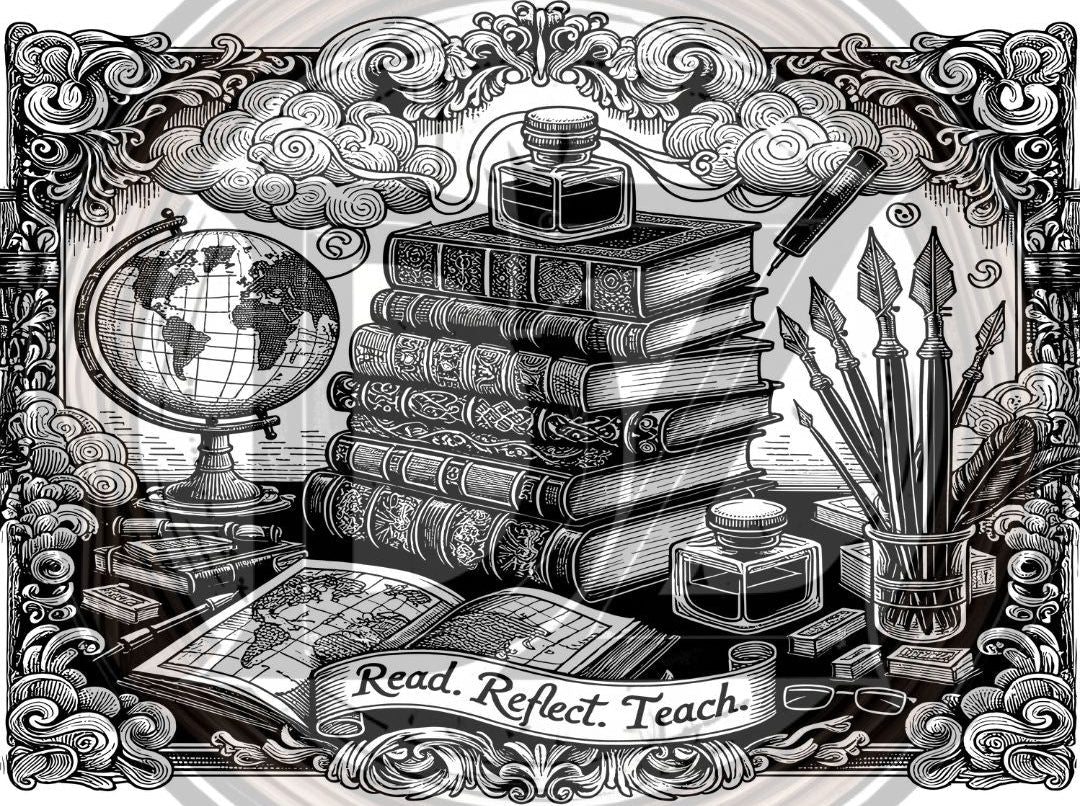 Illustration of books, globe, inkwell, and brushes with 'Read. Reflect. Teach' text.