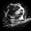 Black and white illustration of a guinea pig on a branch with a dark background