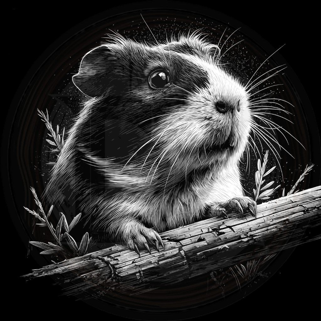 Black and white illustration of a guinea pig on a branch with a dark background