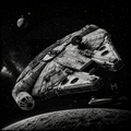 Black and white illustration of the Millennium Falcon in space with planets and stars in the background.