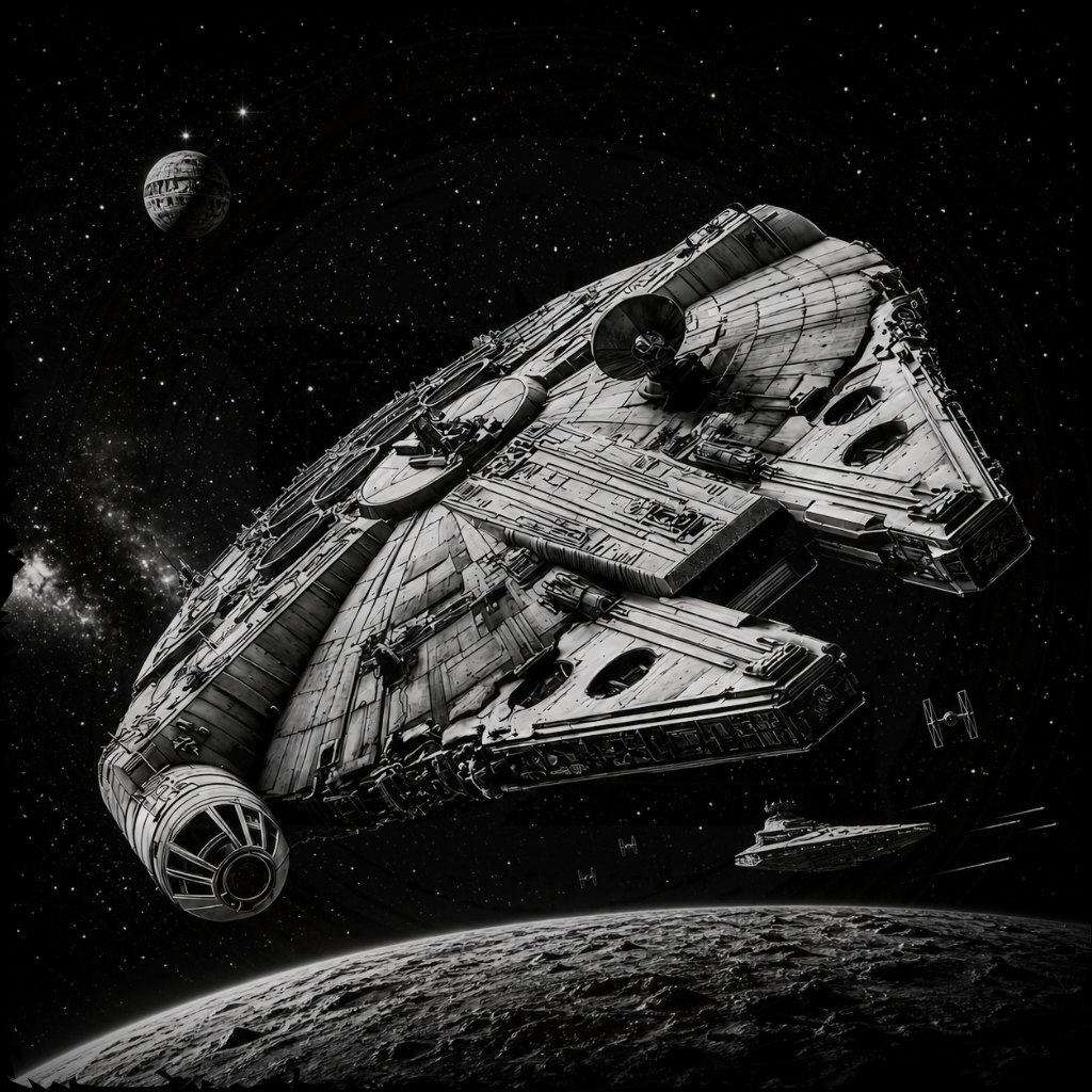 Black and white illustration of the Millennium Falcon in space with planets and stars in the background.