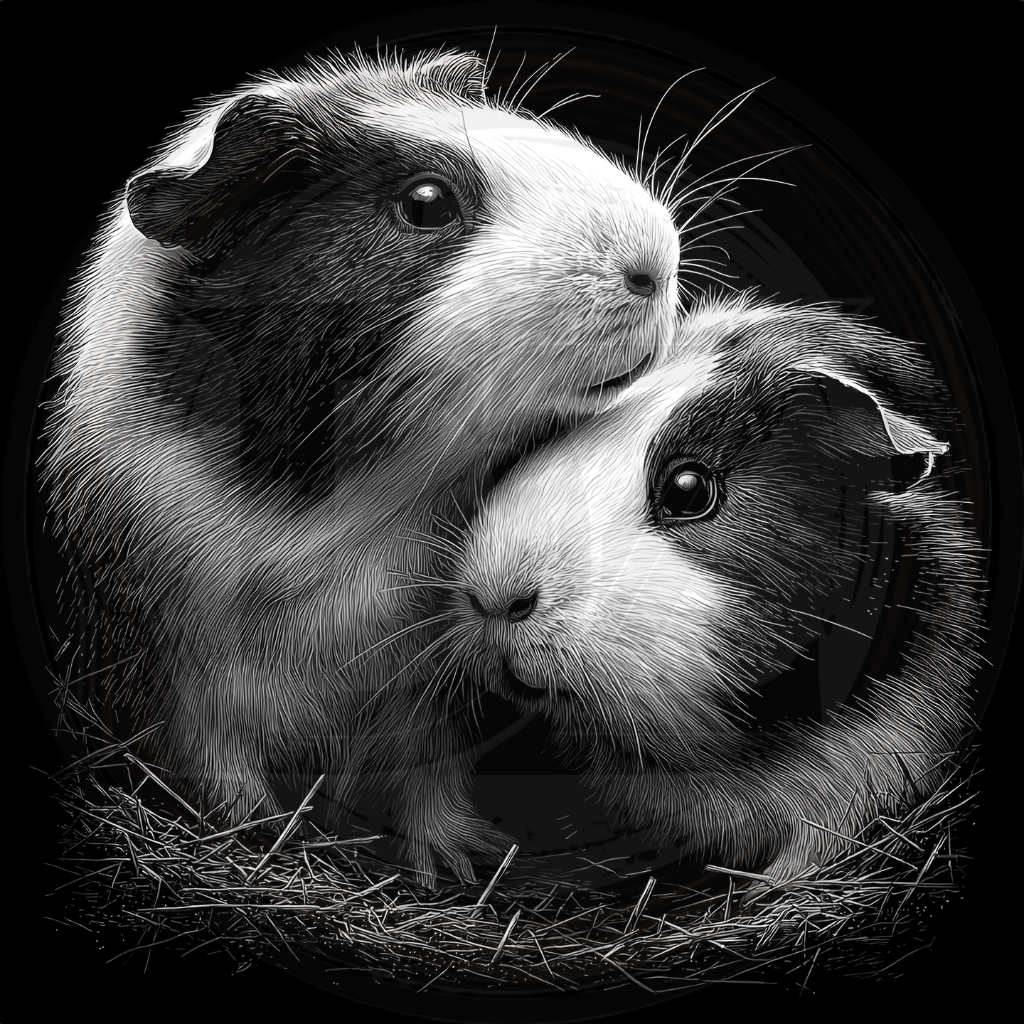 Two guinea pigs sitting together on a black background