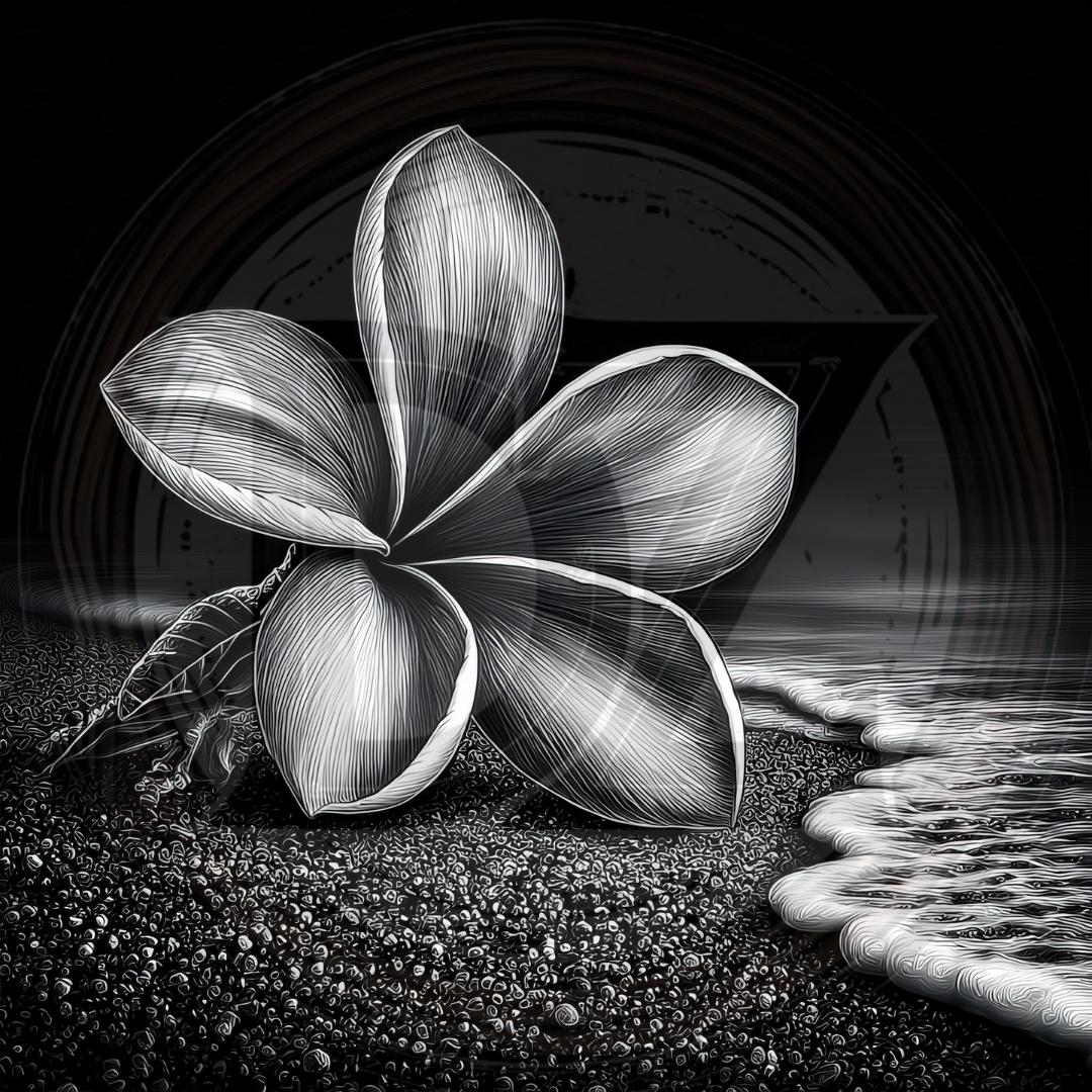 Black and white frangipani flower on a beach with waves.
