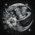 Butterfly on Saturn with flowers and leaves against a starry space background