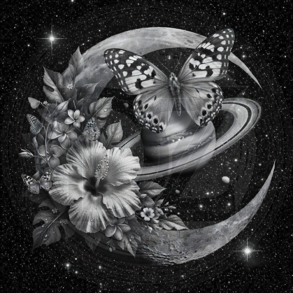 Butterfly on Saturn with flowers and leaves against a starry space background