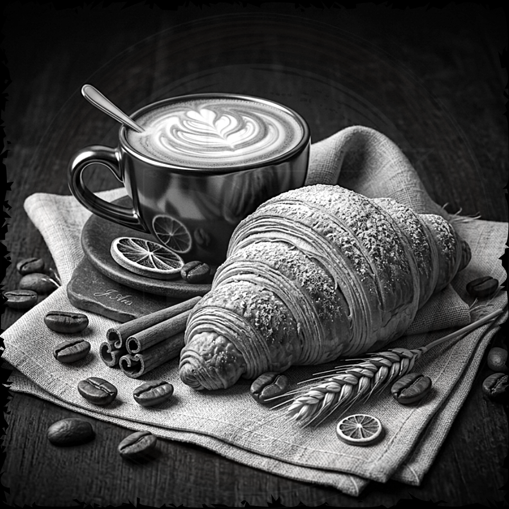Black and white still life with a cup of coffee, croissant, and coffee beans on a wooden surface.