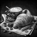 Black and white still life with a cup of coffee, croissant, and coffee beans on a wooden surface.